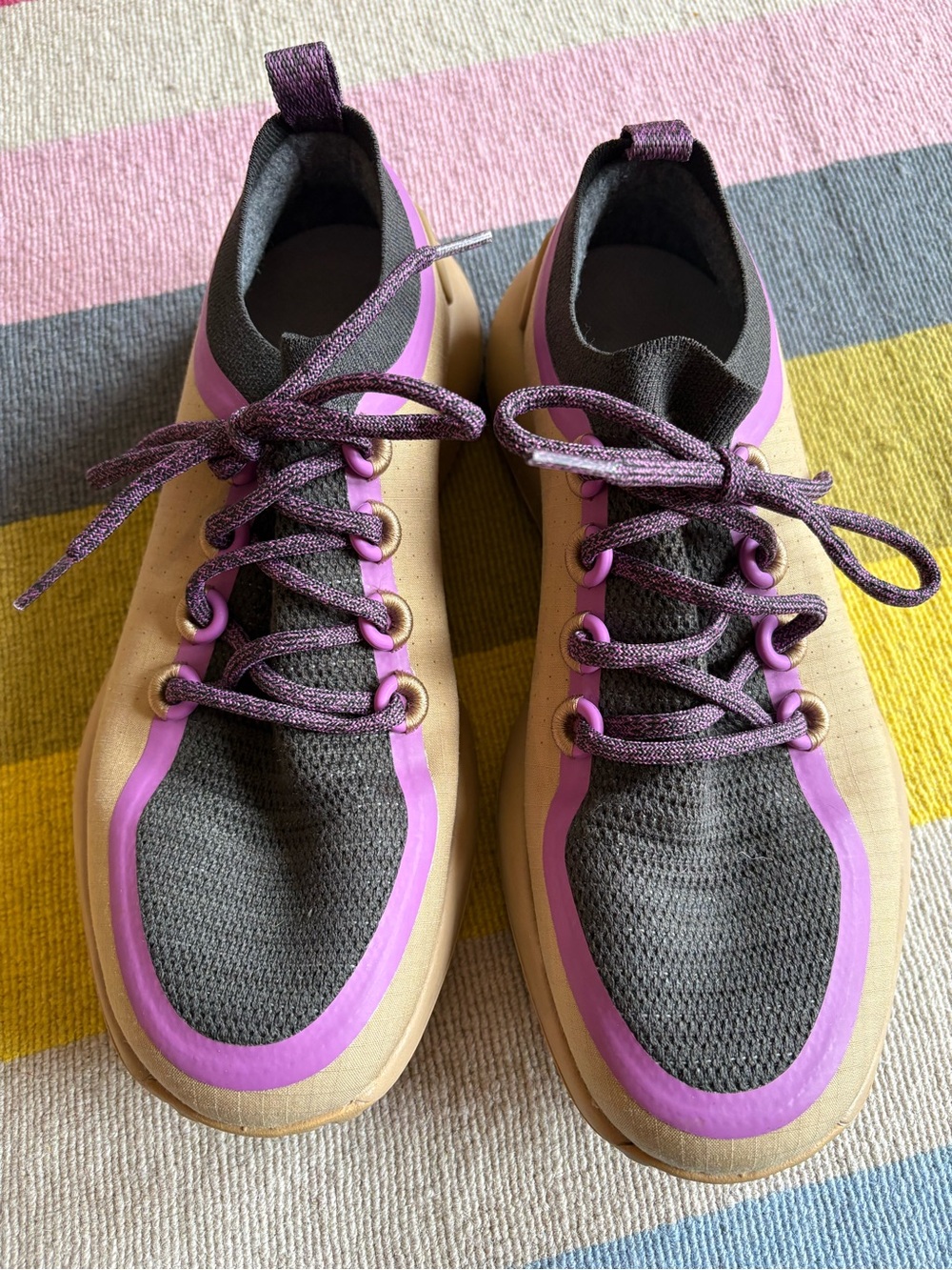 allbirds Women’s Knit Gray, Purple and Tan trail shoes